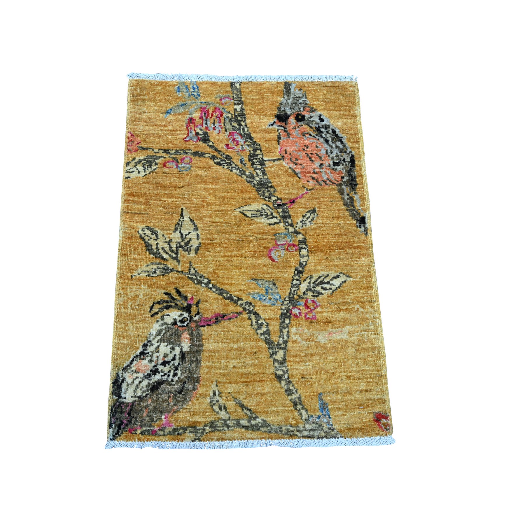 1'10'x2'9" Golden Brown, Finely Hand Knotted, Sparrows on the Tree, Peshawar, Soft, High Mountain Wool, Mat, Sample, Oriental Rug 
